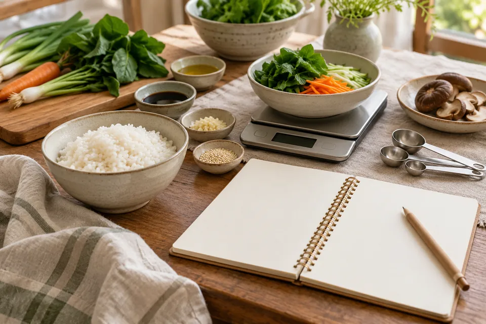 Korean home-cooking workspace with rice, a scale, notes and fresh ingredients