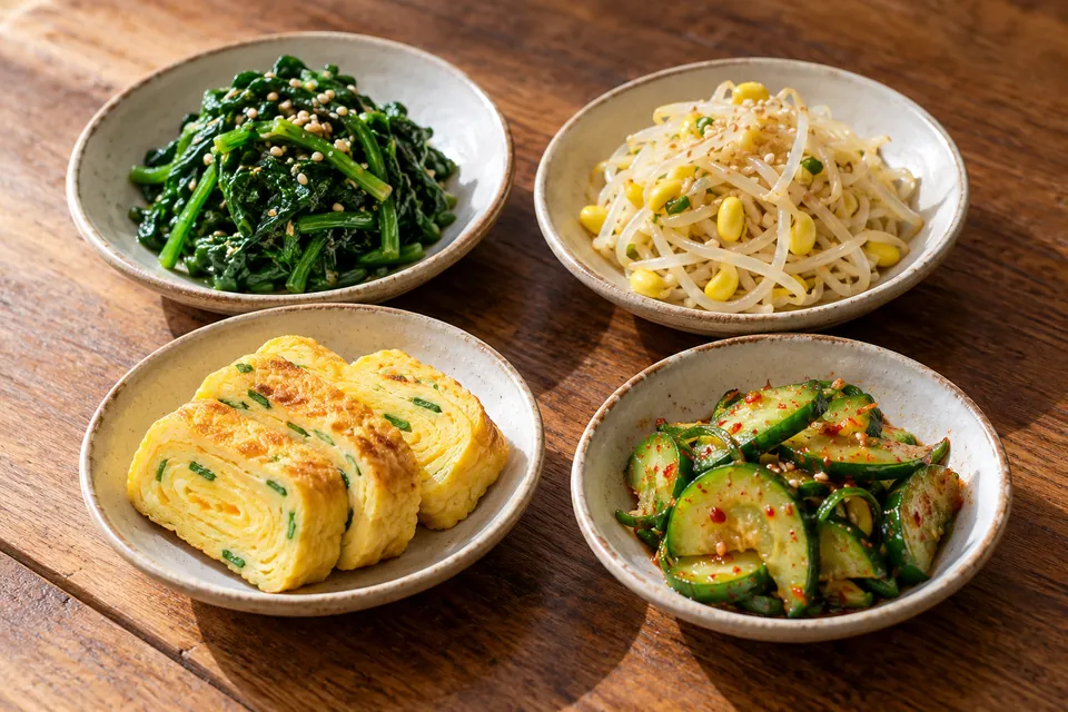 Spinach, bean sprouts, rolled eggs and cucumber side dishes