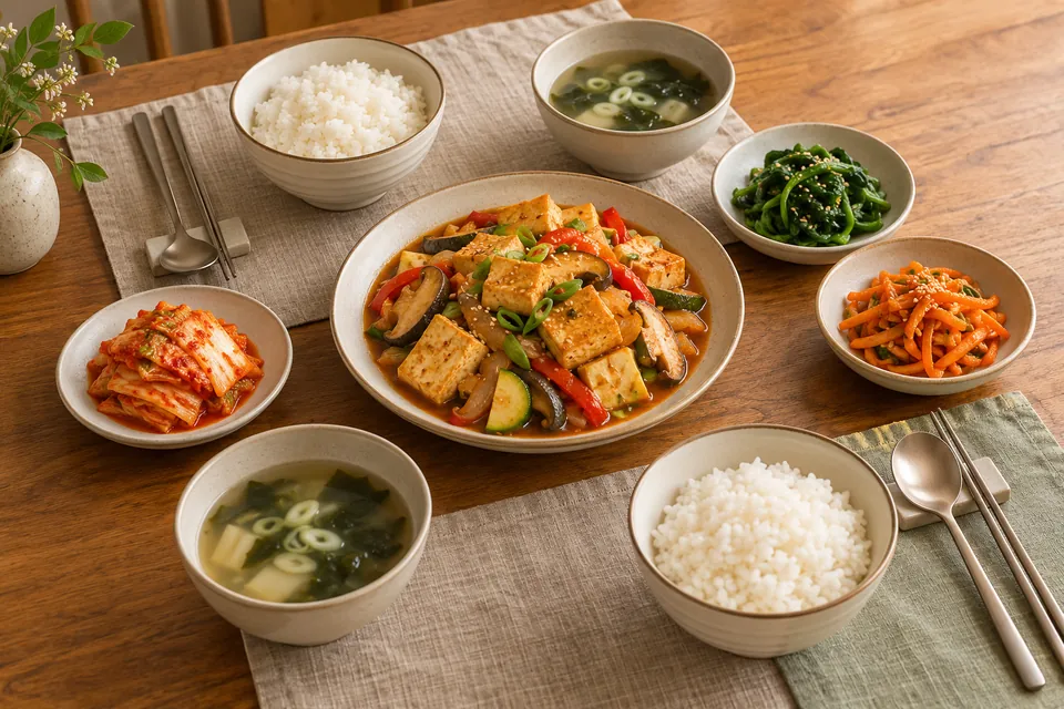 Balanced Korean meal with rice, soup, tofu, kimchi and vegetable side dishes