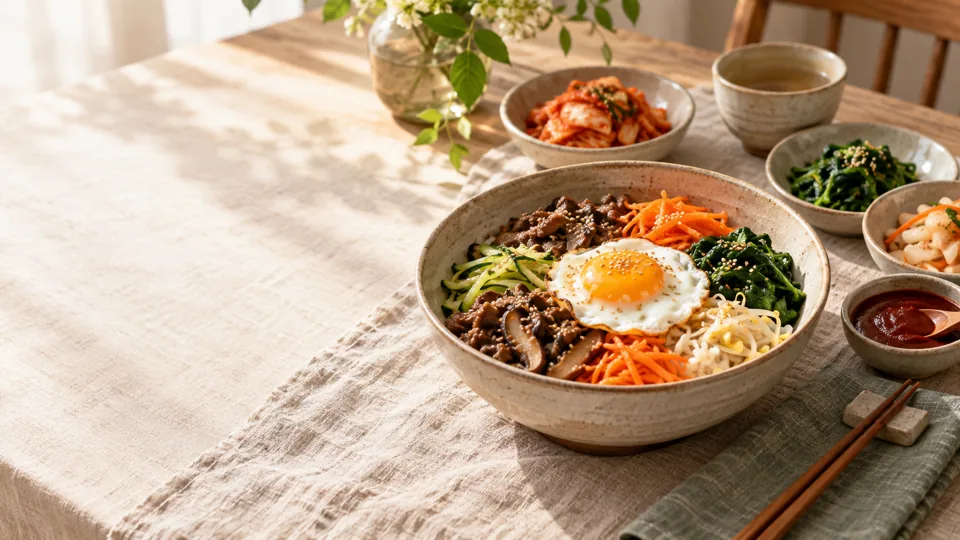 Bibimbap with egg, vegetables, beef and rice, served with kimchi and side dishes