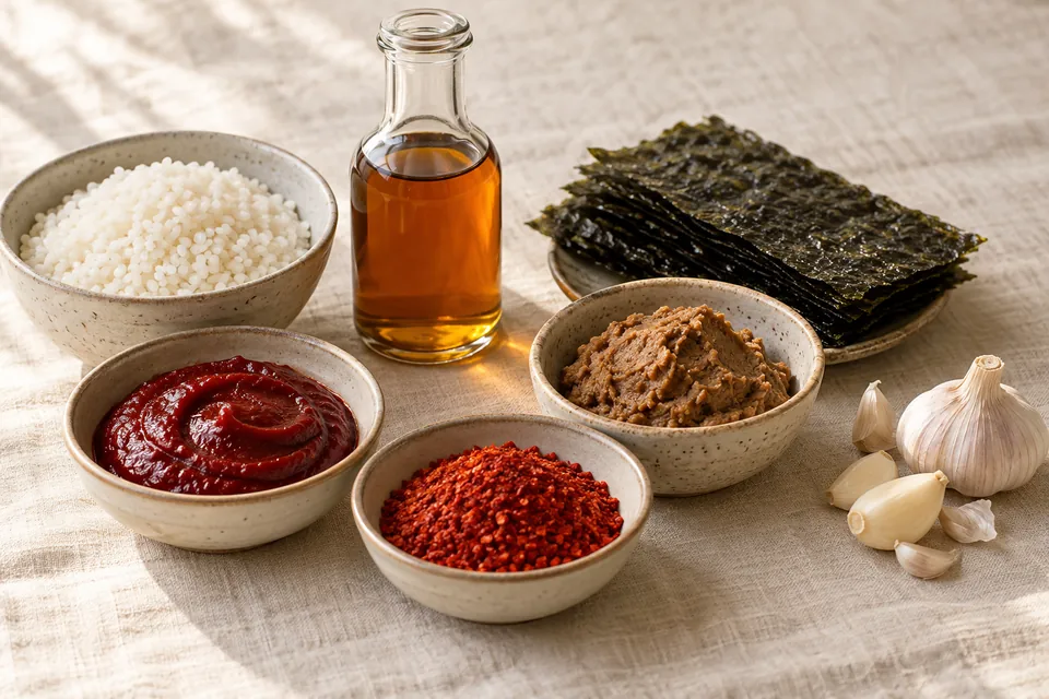 Gochujang, doenjang, gochugaru, rice and seaweed as Korean pantry staples