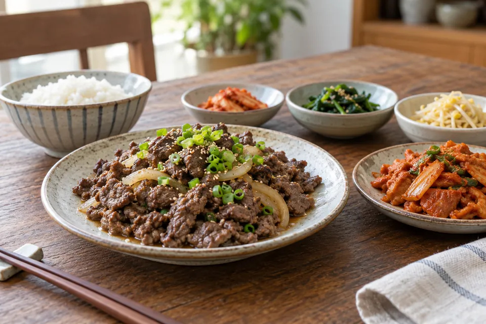 Beef bulgogi and spicy pork as Korean main dishes