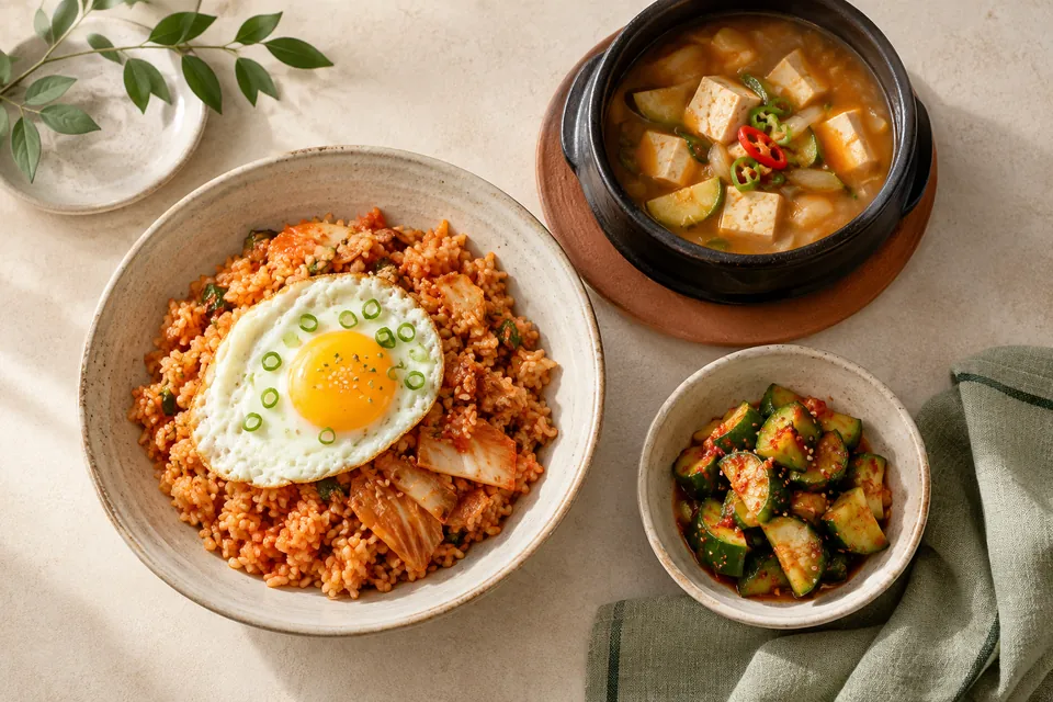 Kimchi fried rice, tofu stew and a cucumber side dish on a Korean table