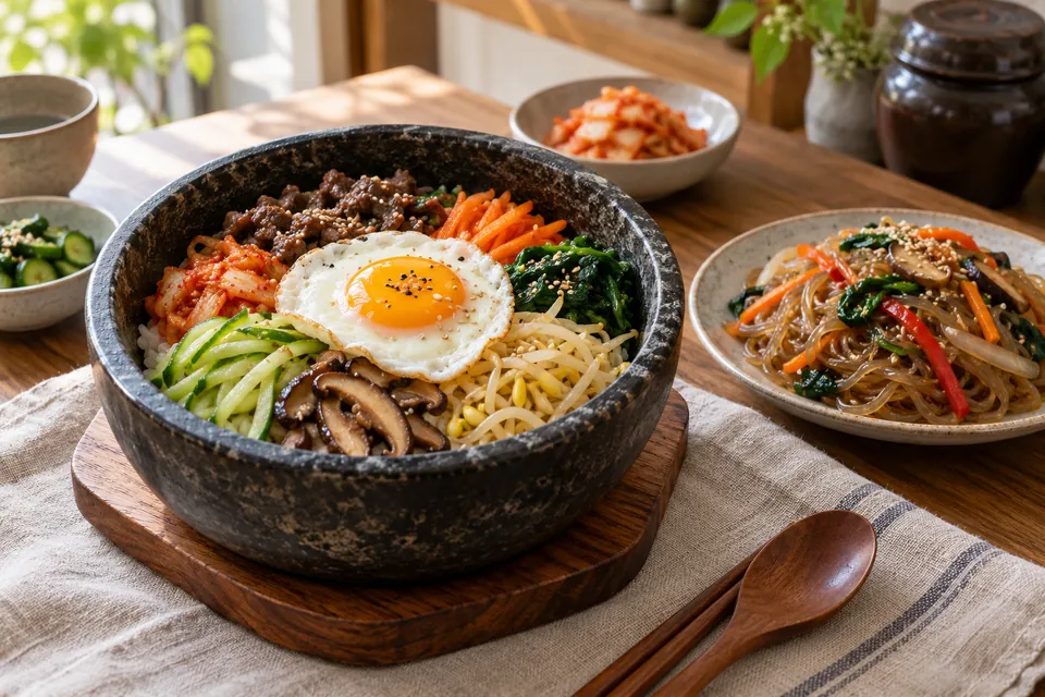 Bibimbap and japchae noodles on a Korean table