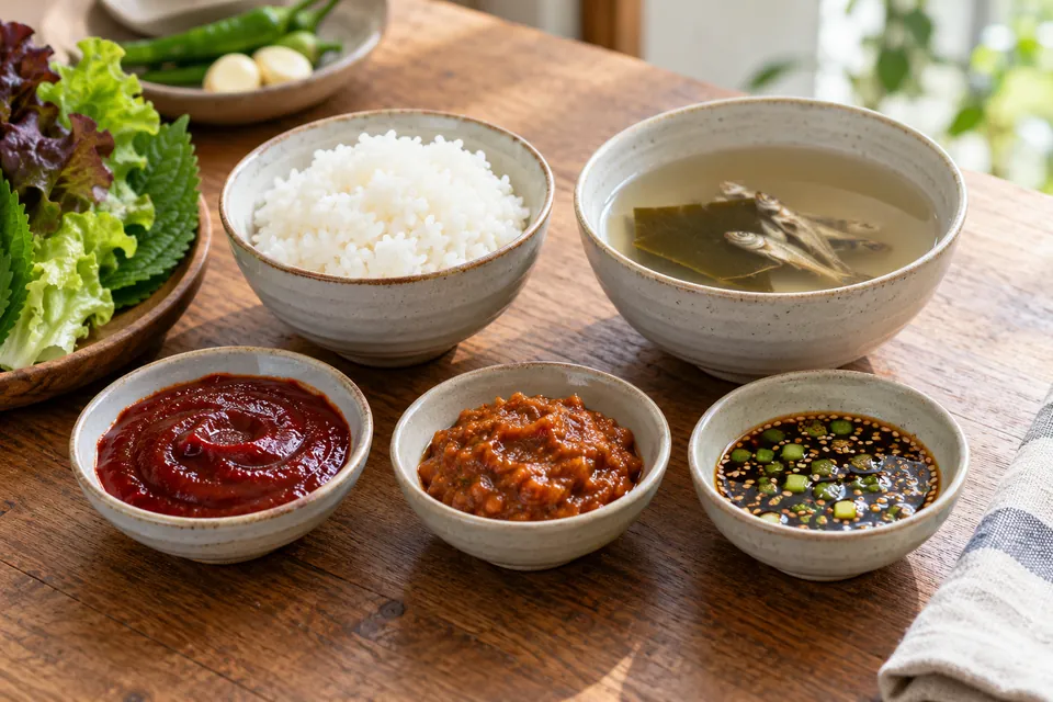 Korean sauces, rice and anchovy kelp stock
