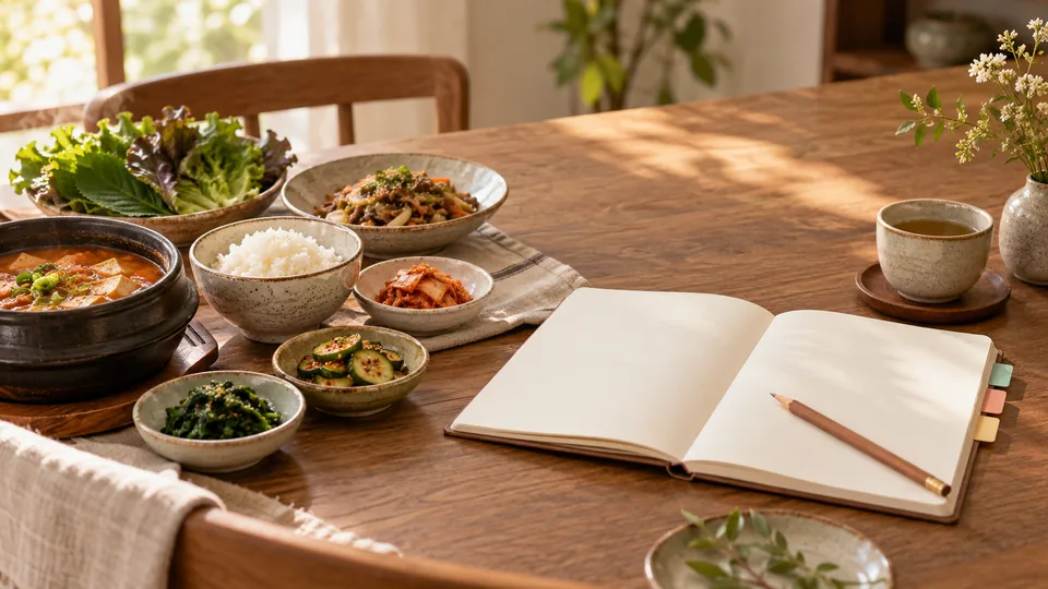 Korean meal and a blank notebook for saved recipe ideas