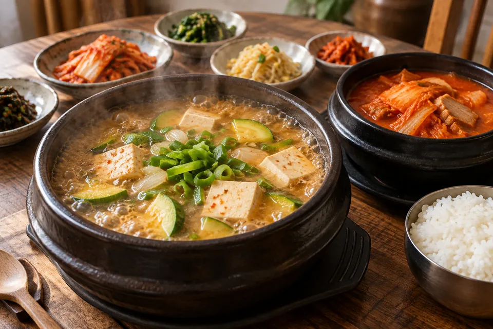 Doenjang tofu stew and kimchi stew with rice