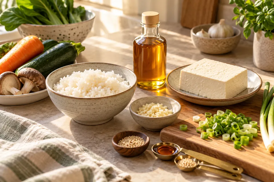 Rice, tofu, vegetables and basic tools arranged for a first Korean home-cooking meal