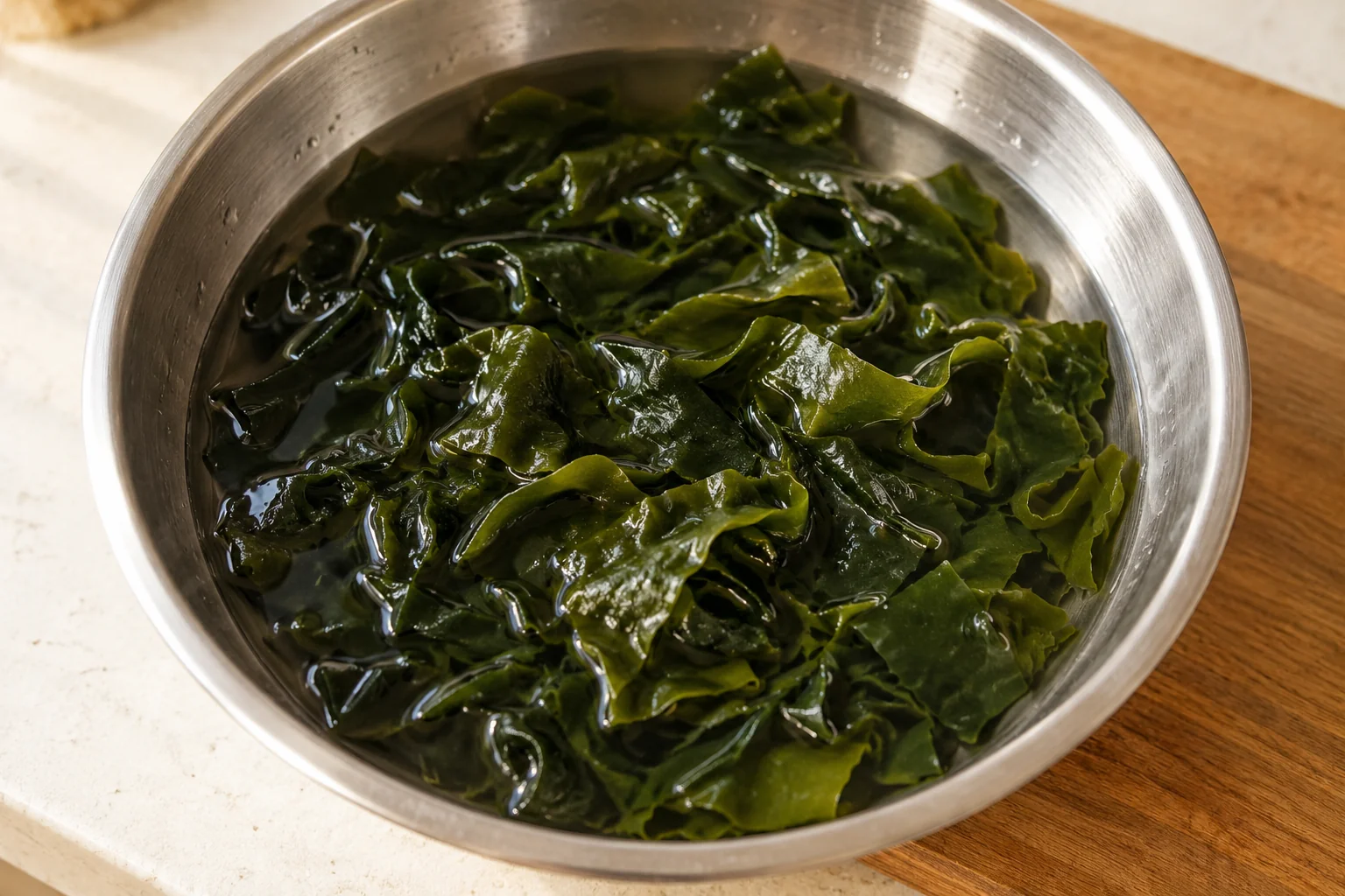 Miyeok seaweed soaking in water in a stainless steel bowl