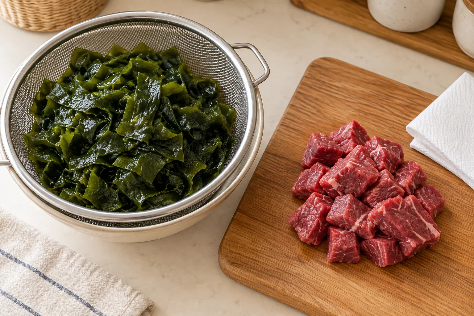 Drained chopped seaweed beside raw beef cut into small pieces
