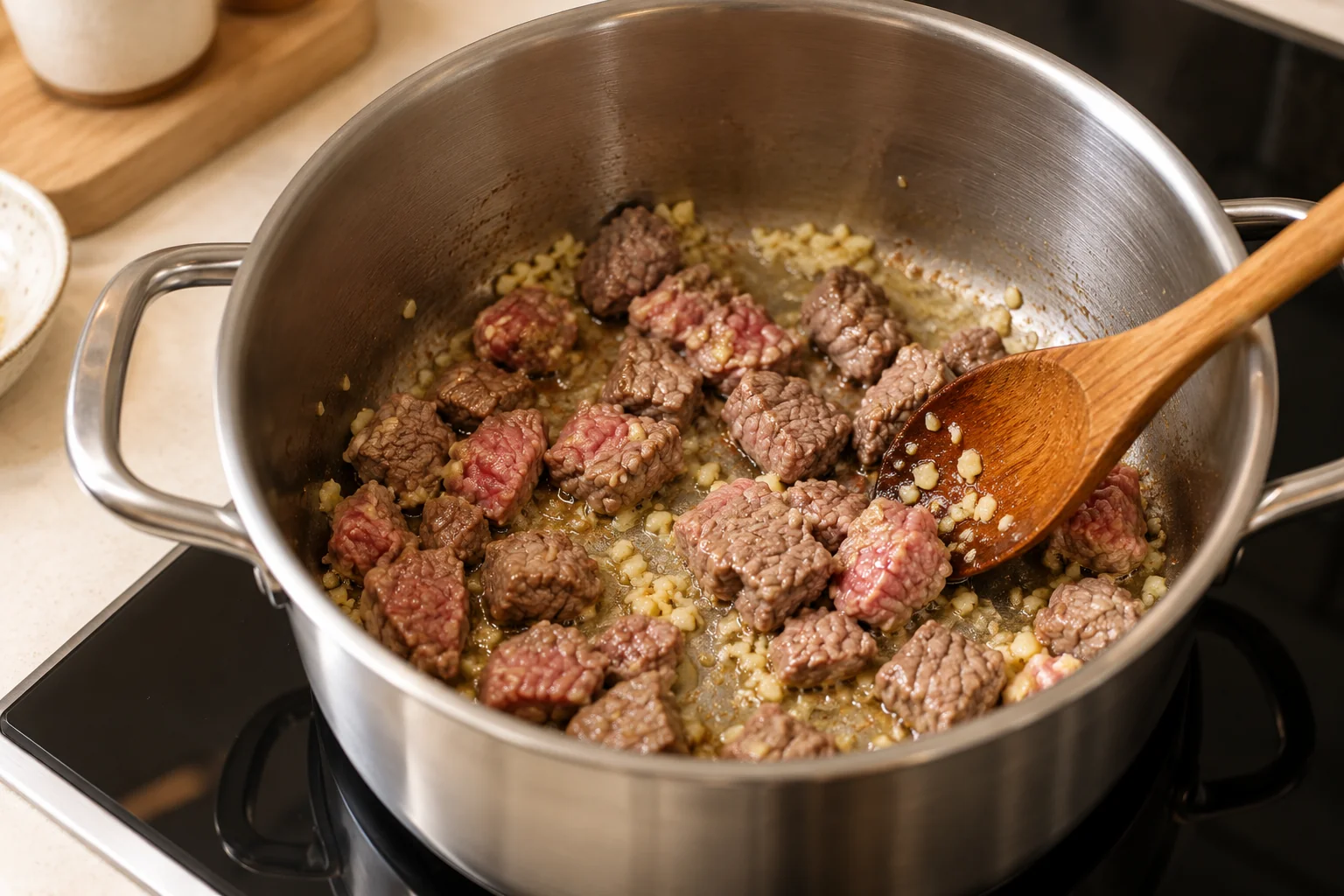Beef and minced garlic cooking in sesame oil in a stainless steel pot