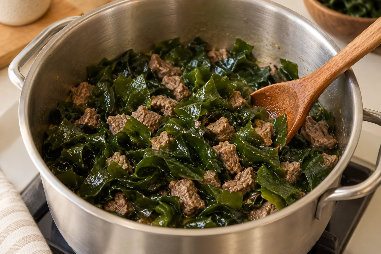 Beef and seaweed stirred together in a pot before adding water