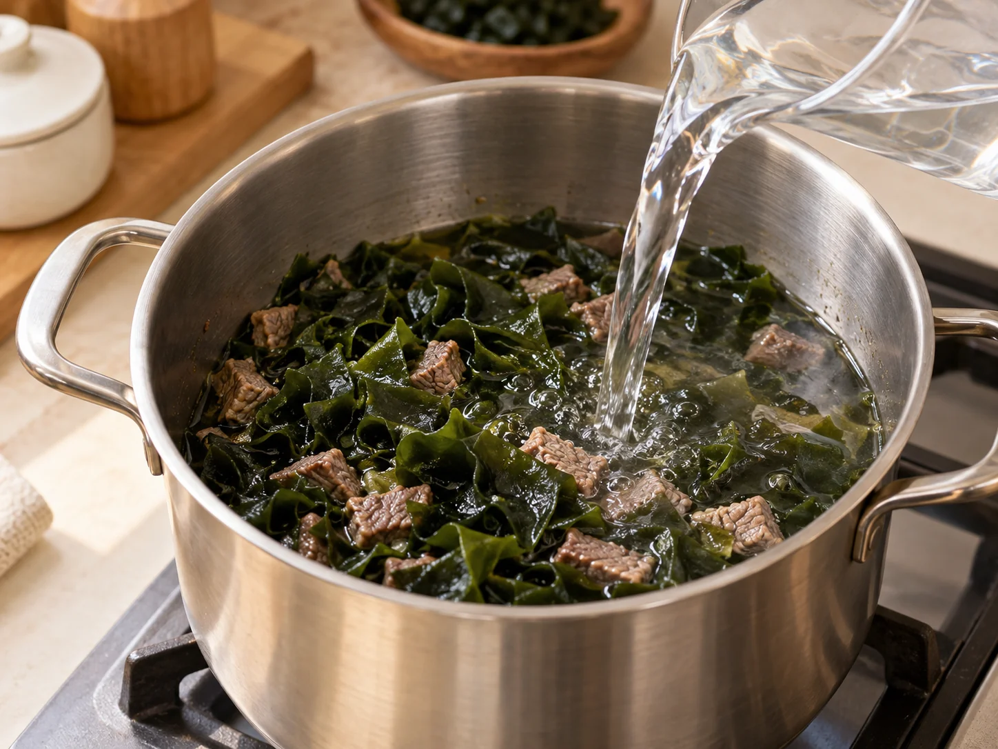 Water pouring into a pot of sauteed seaweed and beef