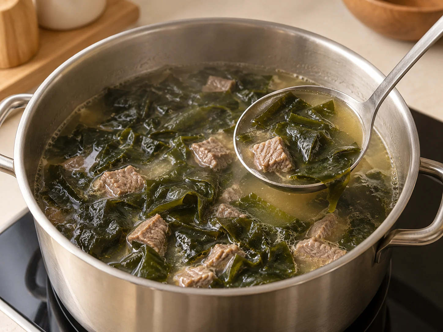 Beef and seaweed soup simmering with a ladle holding seaweed and broth