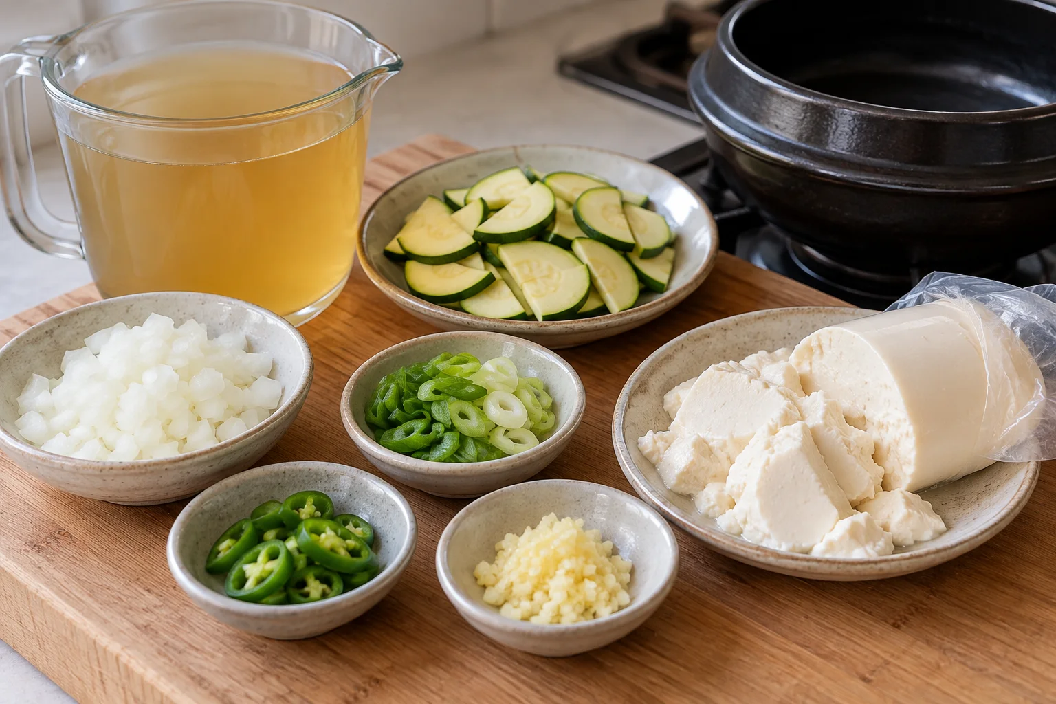 Soft tofu, chopped vegetables, garlic and anchovy broth prepared for sundubu jjigae