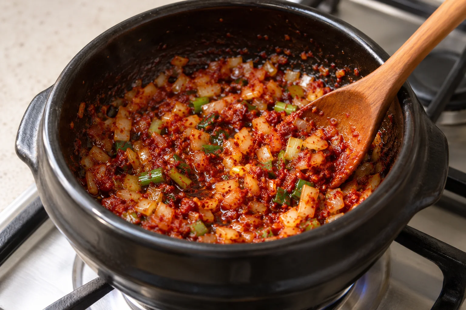 Gochugaru stirred into softened onion and scallion
