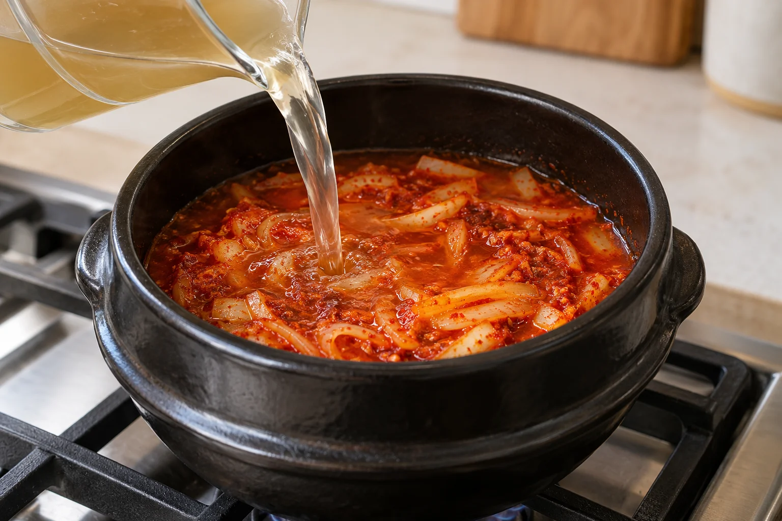 Anchovy broth poured into red chili aromatics