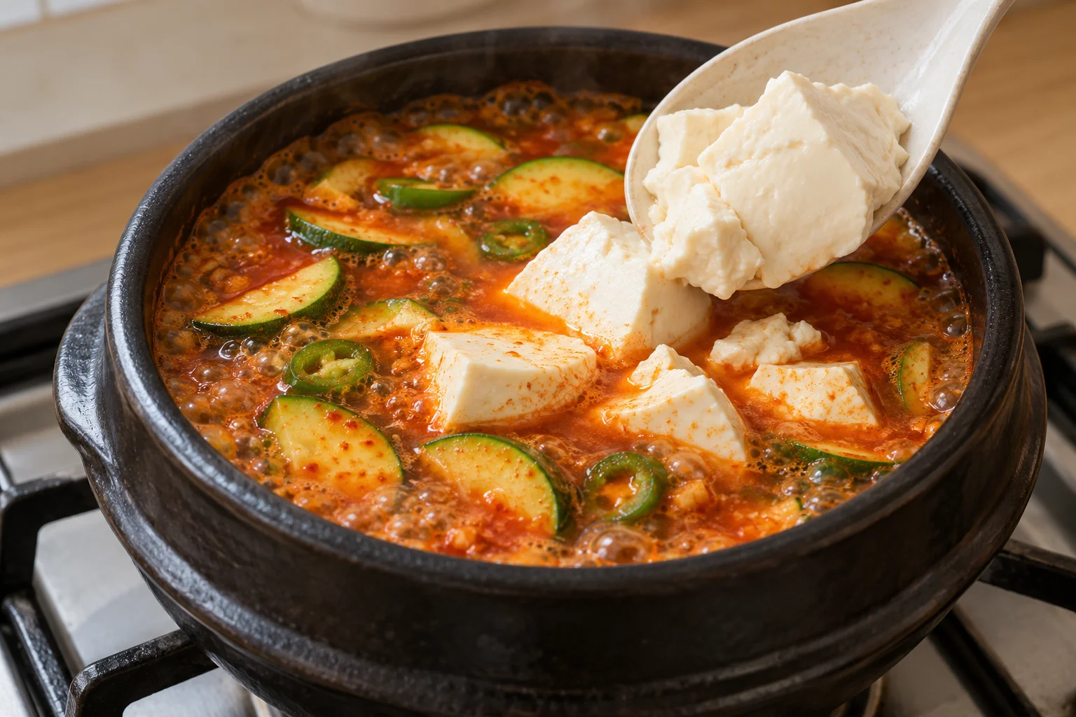 Soft tofu spooned into simmering broth with zucchini
