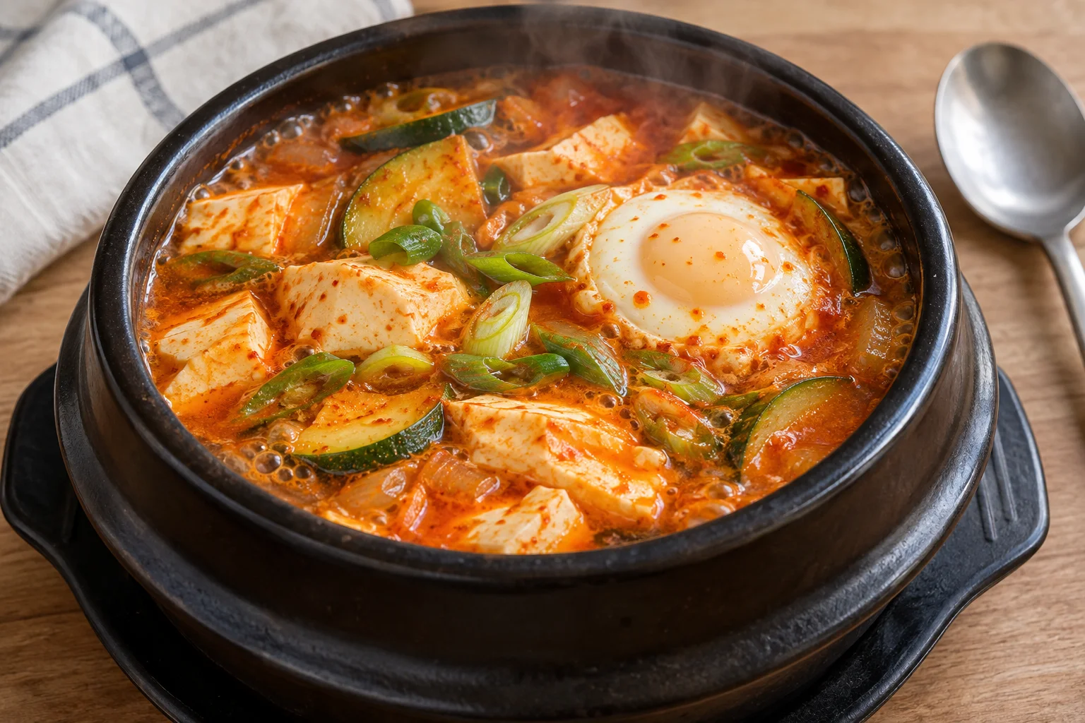 Soft tofu stew simmering with egg and green onion